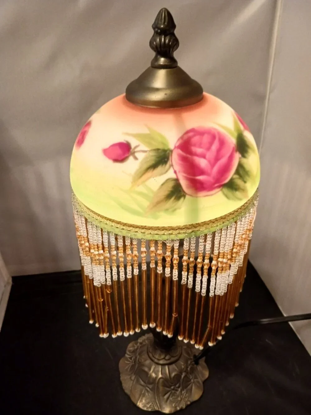 Vintage Floral Table Lamp with Beaded Fringe Tiffany Style Hand Painted Shade